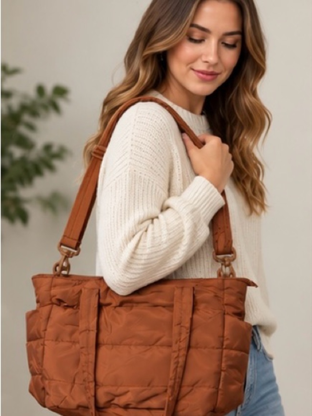 BAGSMART Zora Puffer Tote Bag – Brown Quilted Travel Laptop Shoulder Bag